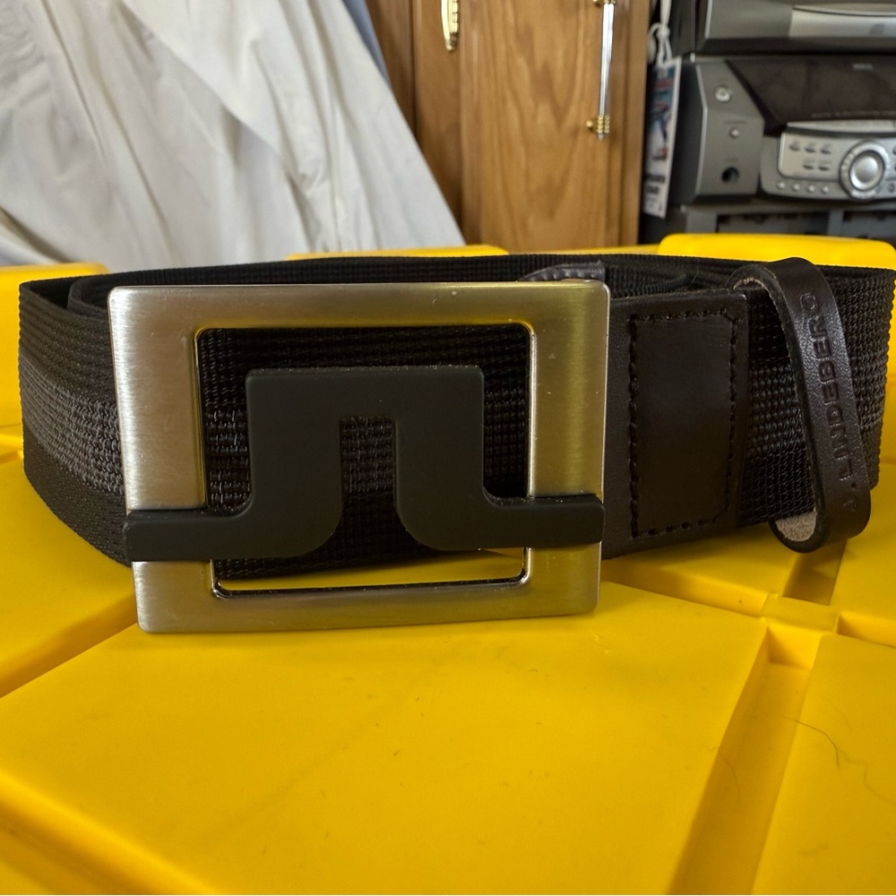 J.Lindeberg Black Webbing Belt with Brushed Silver Geometric Buckle